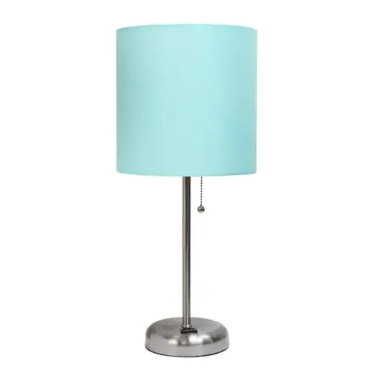 LimeLights 19.5" Stick Lamp with Charging Outlet and Fabric Shade Brushed Steel and Aqua {1}