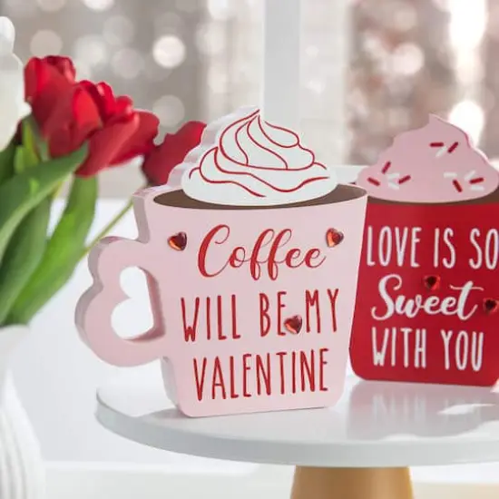 Glitzhome&reg; Wooden Valentine's Coffee Cup Table D&eacute;cor Set {6}