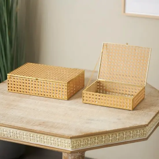 Brown Woven Rattan & Glass Panel Jewelry Box with Chain Accent Set {3}