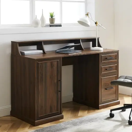 Walker Edison 58" Dark Walnut 3 Drawer Computer Desk with Hutch {5}