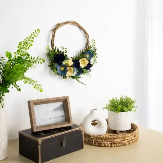 12" Blue & Tan Poppy Floral Wooden Spring Basket Wreath {3}
