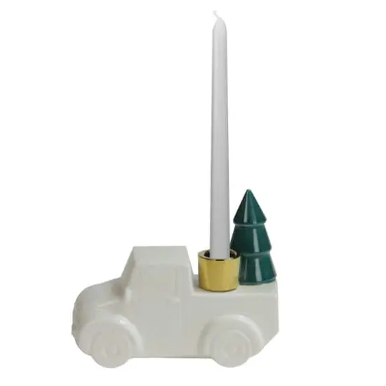 5" White Ceramic Truck with Christmas Tree Taper Candlestick Holder {1}