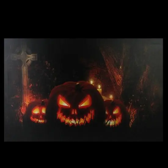 LED Lighted Jack-O-Lanterns in a Cemetery Halloween Canvas Wall Art {4}