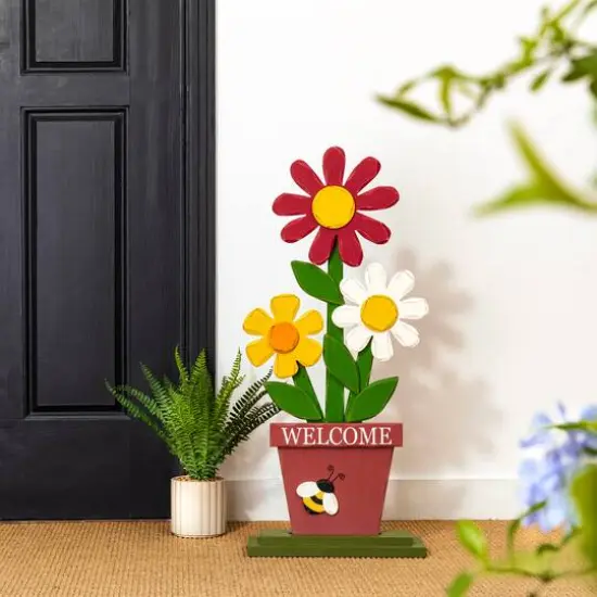 Glitzhome&reg; 30" Wooden Trio Flowers Welcome Porch D&eacute;cor  {3}