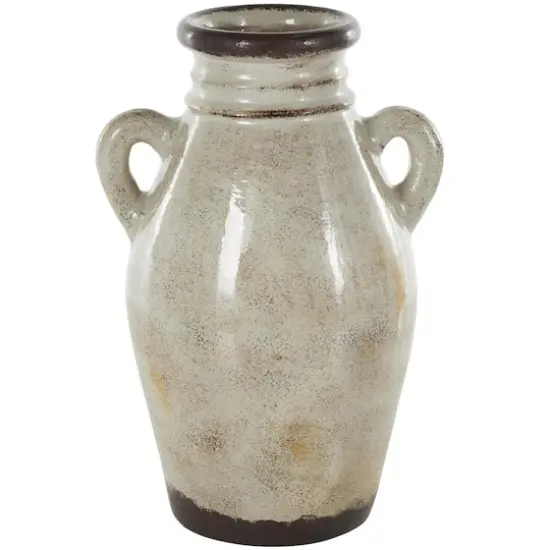 13.75" Cream Ceramic Antique Amphora Vase with Speckled Texturing {1}