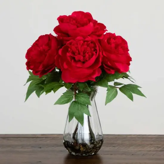 16" Red Peony Arrangement in Glass Vase {7}