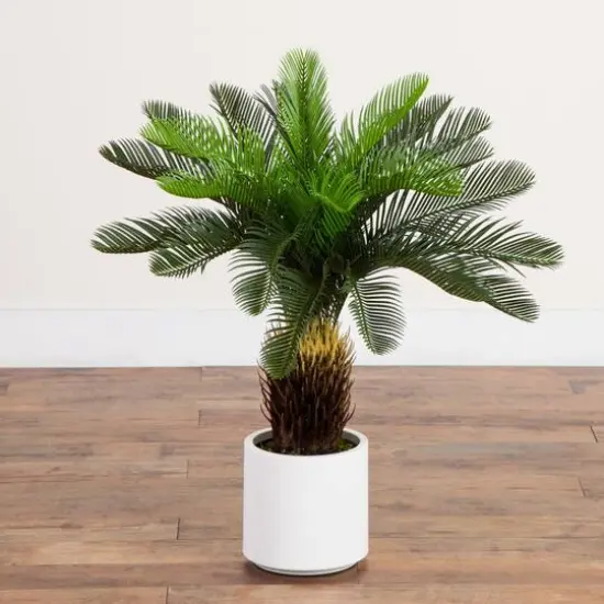 30in. UV Resistant Artificial Cycas Palm Tree in White Decorative Planter (Indoor/Outdoor) {8}