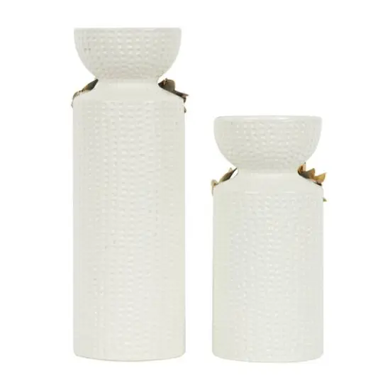 White Abstract Spotted Ceramic Pillar Candle Holder Set with Gold Leaf Accents {8}