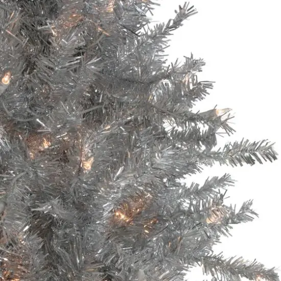 6.5ft. Pre-Lit Silver Tinsel Pine Artificial Christmas Tree, Clear Lights {4}