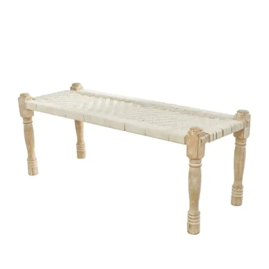 Beige Cotton Handmade Woven Chevron Bench with Mango Wood Legs {1}