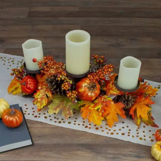 21" Orange Fall Harvest Leaves & Pumpkins Candle Holder {3}