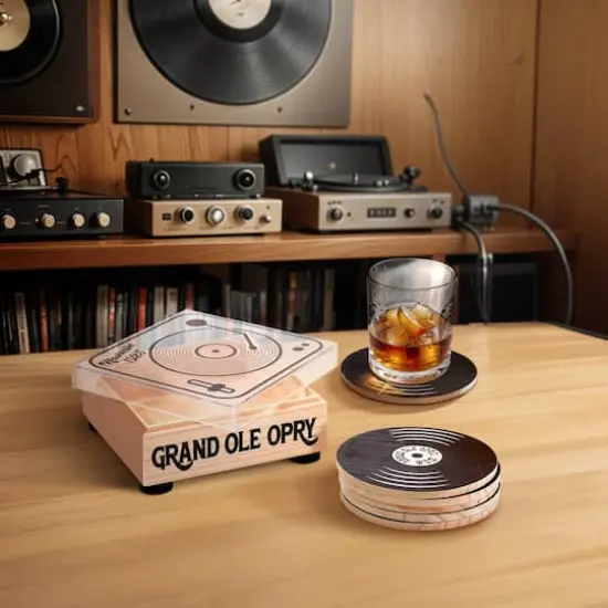 American Art Decor Grand Ole Opry Nashville 1925 Vinyl Record Wooden Coaster Set of 6 - 2.75" H x 5.5" L {3}