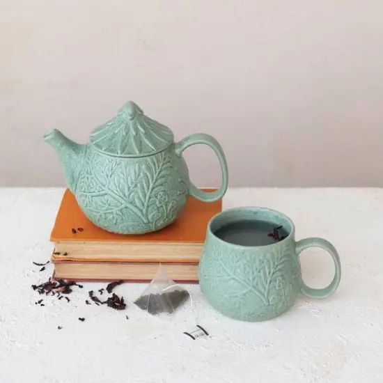 Hello Honey&reg; 30oz. Sage Embossed Botanicals Stoneware Teapot with Strainer {3}