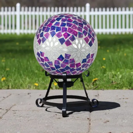 10" Purple, Pink & Silver Mosaic Floral Outdoor Garden Gazing Ball {3}