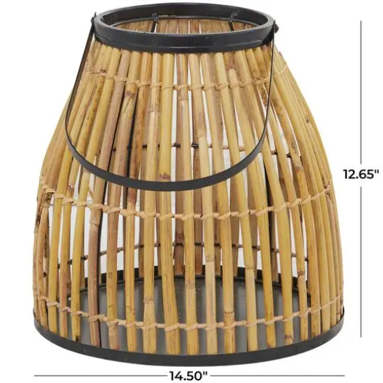 15" Brown Wicker Handmade Slatted Frame Candle Lantern with Handle {6}