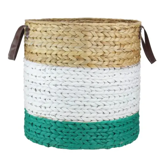 21" Beige, White & Teal Braided Wicker Basket with Handles {1}
