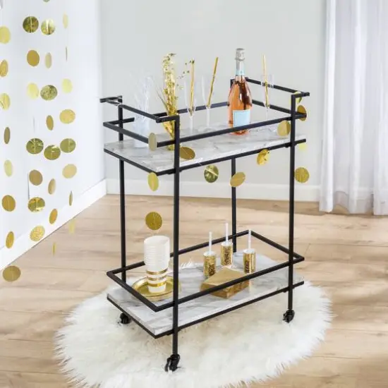 Honey Can Do 2-Tier Black & White Faux Marble Rolling Bar & Serving Cart {5}