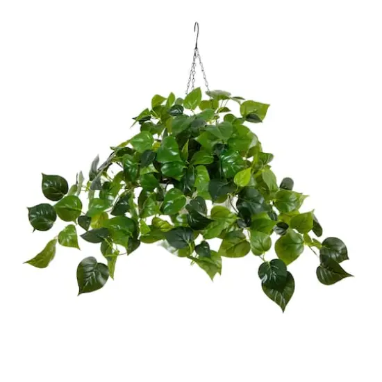 24" UV Resistant Artificial LED Lit Philodendron in White Hanging Basket {1}