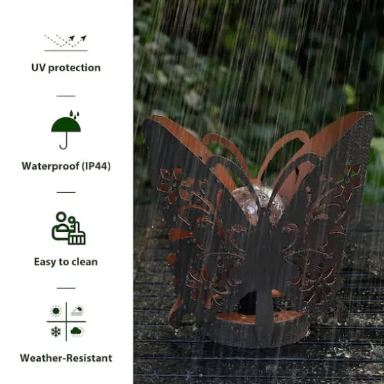 Glitzhome&reg; 9" Metal Flying Butterfly Silhouette Solar Powdered Edison Bulb Outdoor Lantern {7}