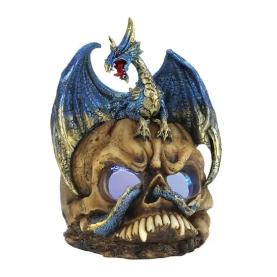 7" Blue Dragon Atop Light-Up LED Skull Statue {3}