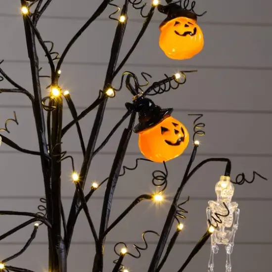 4ft. Pre-Lit Artificial Halloween Pumpkins and Skulls Ornament Tree with 64 Warm White LED Lights {7}