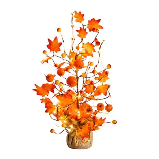 18in. Pre-Lit Artificial Maple Tree with Pumpkin Ornaments and 30 LED String Lights in Burlap Wrapped Base {4}