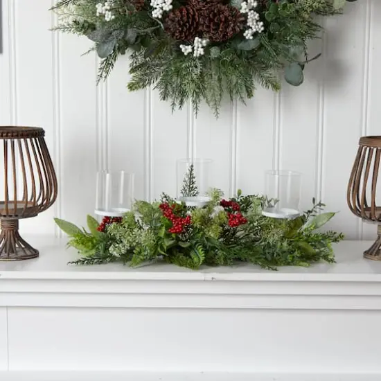 20" Winter Greenery & Berries Triple Candle Holder Christmas Table Arrangement {3}