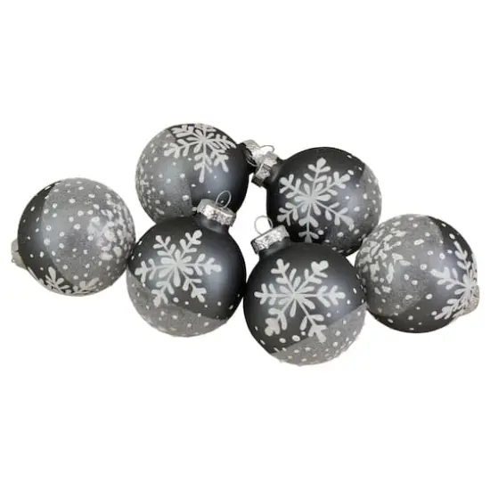 6ct. 4" Gray & White Snowflake Glass Ball Ornaments {1}