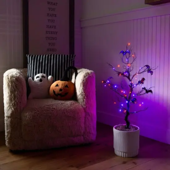3ft. Pre-Lit Artificial Halloween Black Spooky Twig Tree with Bats and 100 Orange & Purple LED Lights {11}