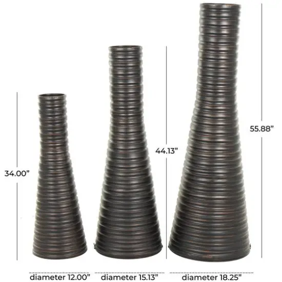 Bronze Ribbed Tall Cone Floor Vase with Horizontal Grooves Set {9}
