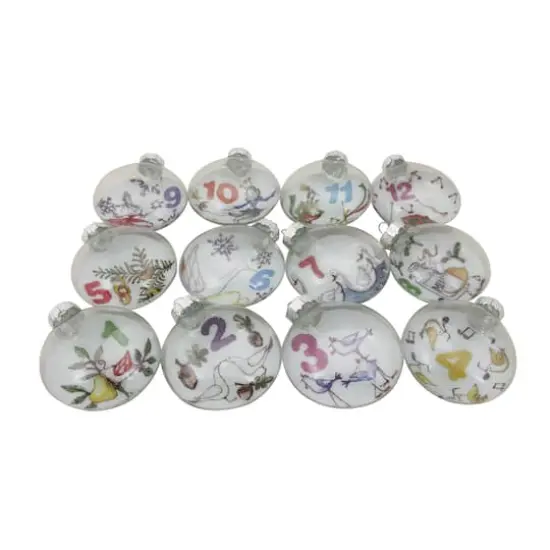 12ct. 3" Clear Twelve Days of Christmas Glass Disc Ornaments {1}
