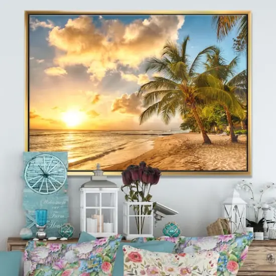Designart - Gorgeous Beach of Island Barbados - Modern Seascape Framed Canvas Artwork Gold {4}