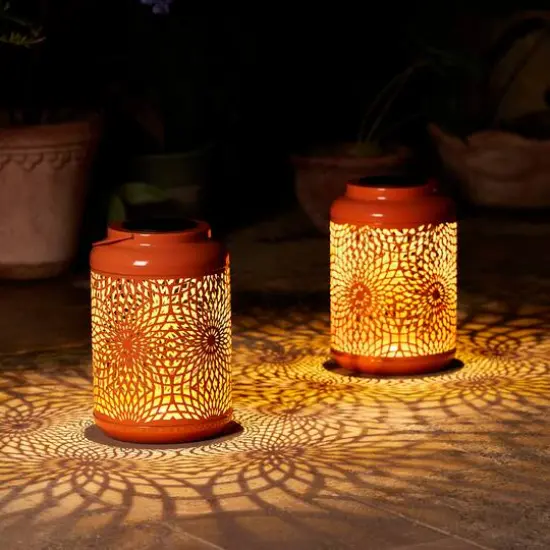 Glitzhome&reg; 8.75" Metal Cutout Solar Powered Hanging Lantern Set Orange {6}