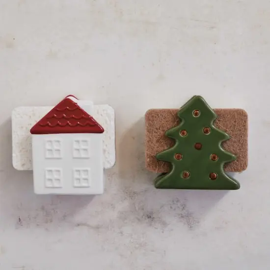 Hello Honey&reg; 4" Green & Brown Stoneware Christmas Tree Shaped Sponge Holders with Sponge & Reactive Glaze, 2ct. {3}