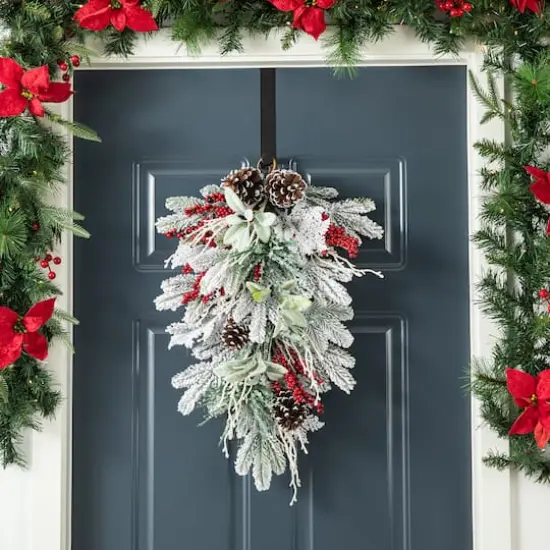 Glitzhome&reg; 28"Christmas Flocked Pinecone & Berry Teardrop {3}