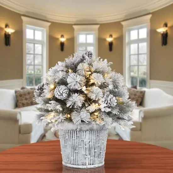 22" Pre-Lit Flocked Chiwawa Basin Pine Tree With Pinecones In Gray Pot, Clear LED Lights {3}