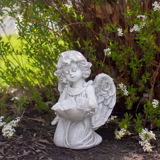 9.5" Heavenly Gardens Gray Distressed Kneeling Cherub Angel Bird Feeder Outdoor Garden Statue {3}