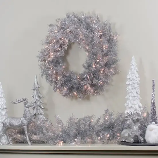 24" Pre-Lit Silver Tinsel Artificial Christmas Wreath {3}