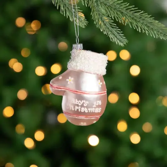 Baby's 1st Christmas Pink Mitten Glass Ornament {3}