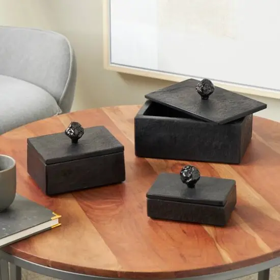Black Textured Decorative Box Set with Knobs {3}