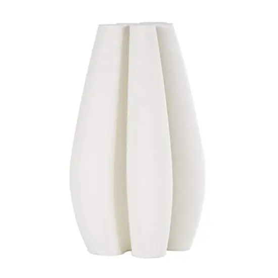 White Ceramic Abstract Ribbed Dimensional Concaved Vase with Floral Shaped Rim {4}