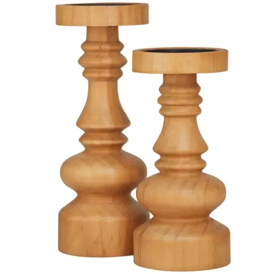 Brown Wood Round Turned Style Pillar Candle Holder Set {3}