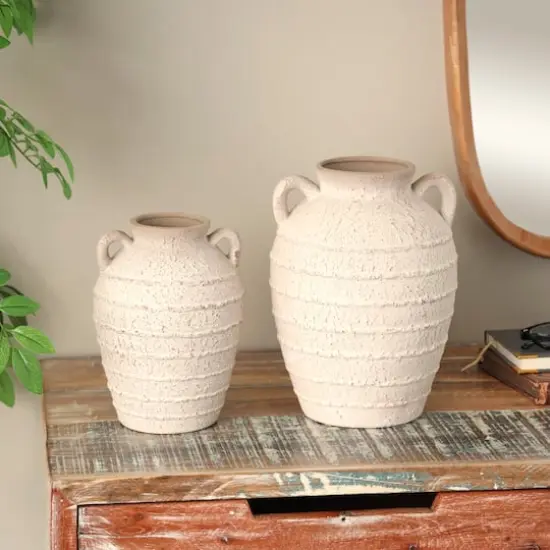 Cream Ceramic Textured Vase Set with Handles & Terra Cotta Accents {3}