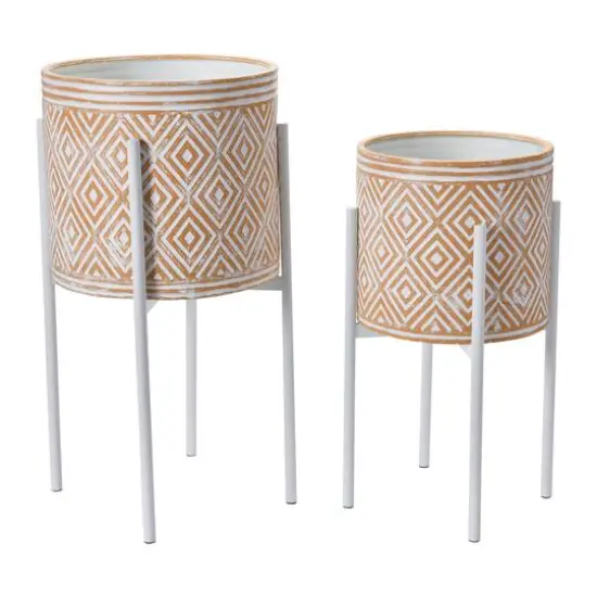 Hello Honey® White & Terracotta Boho Embossed Metal Planters with Stands Set {10}