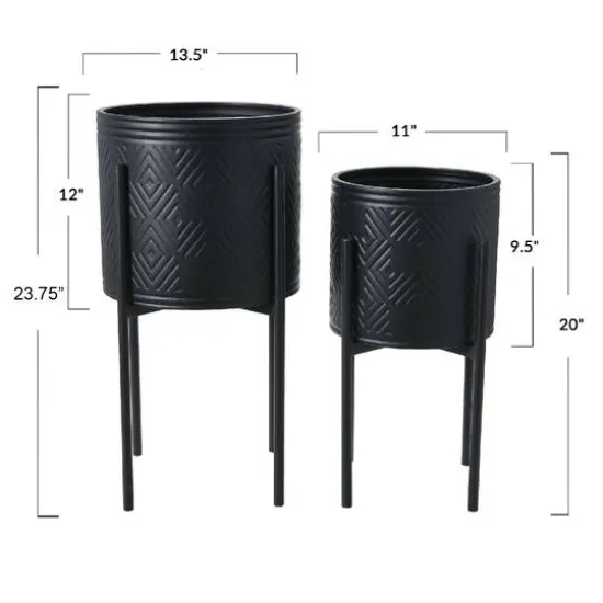 Hello Honey&reg; Matte Black Boho Embossed Metal Planters with Stands Set {6}