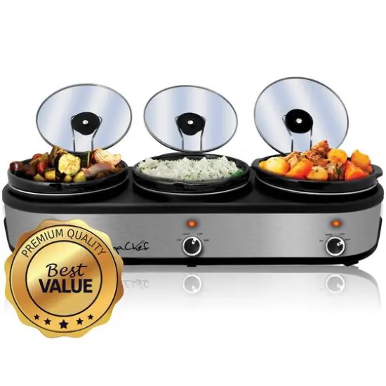 MegaChef Brushed Silver & Black Finish Triple 2.5qt. Slow Cooker & Buffet Server With 3 Ceramic Cooking Pots & Removable Lid Rests {10}