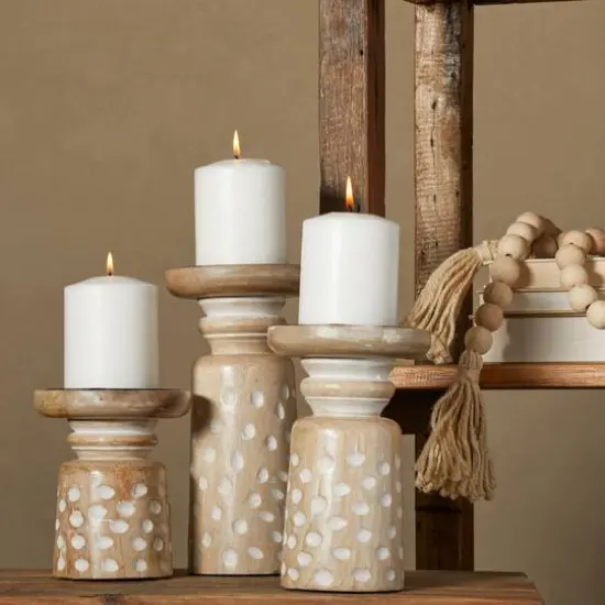 Light Brown Wood Carved Dotted Pillar Candle Holder Set {3}