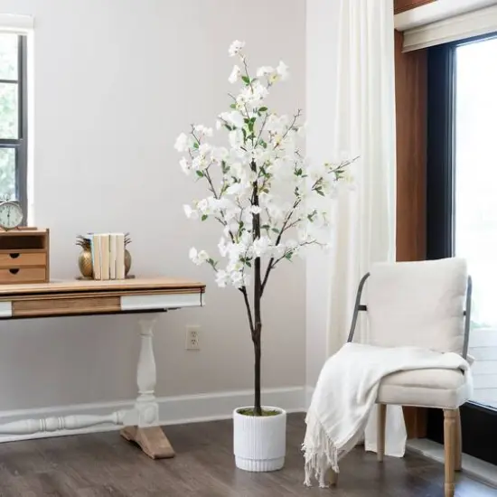 6ft. Artificial Cherry Blossom Tree with White Decorative Planter {7}