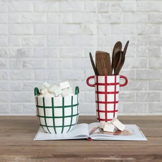 Hello Honey&reg; 6.75" Hand-Painted Green & White Grid Stoneware Container with Handles {3}