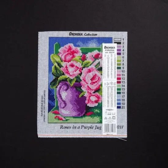 Orchidea Needlepoint Canvas For Halfstitch Without Yarn Roses In A Purple Jug - Printed Tapestry Canvas {3}